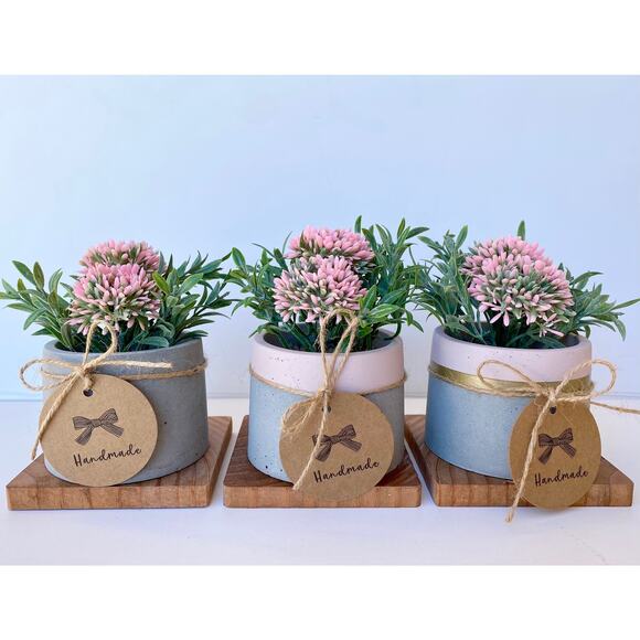 Set of 3 Artificial Pink Allium Flowers in Handmade Concrete Pot with Wood Tray - Picture 8 of 9